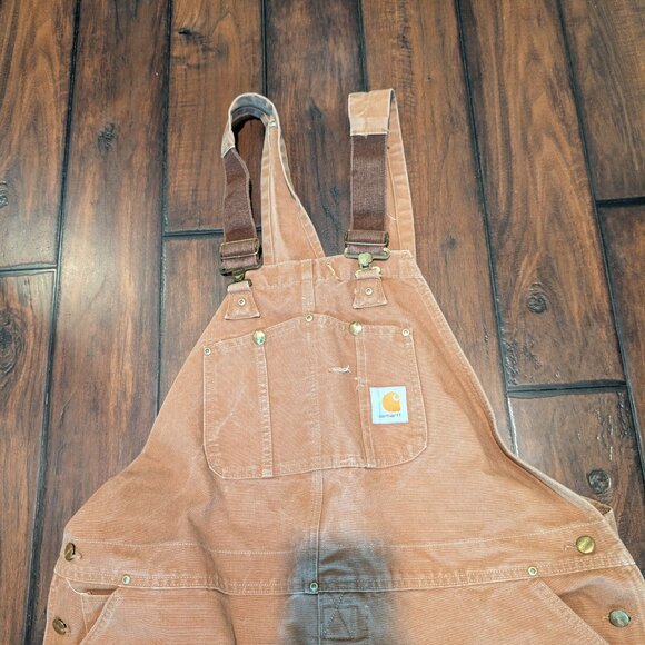Carhartt Overall Bibs Mens 46x34 Brown Double Knee Workwear Canvas Vintage XL - Picture 2 of 12